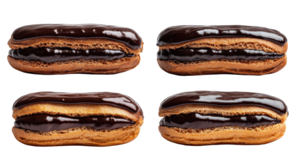 Delicious chocolate donuts, four perfectly glazed treats on display four