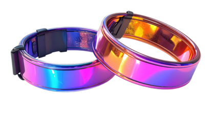Two iridescent rings, overlapping, with a dark, possibly black, band