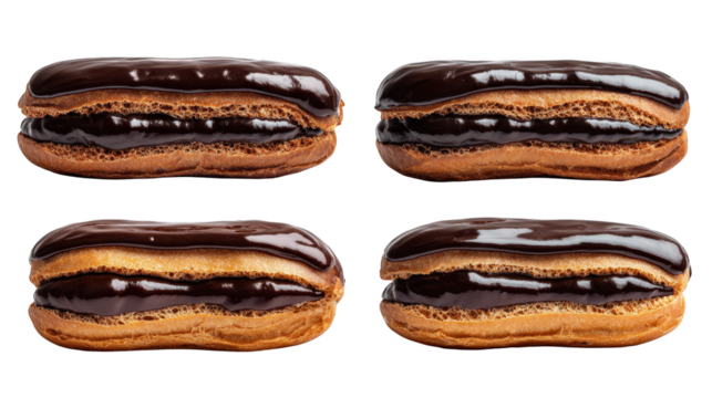 Delicious chocolate donuts, four perfectly glazed treats on display four