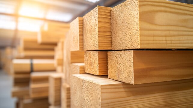 Stack of Freshly Cut Lumber Ready for Construction in Warehouse with Sunlight