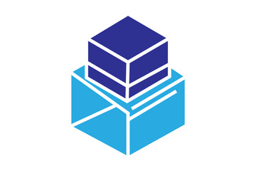 This is a minimalist, vector-style illustration of an open envelope with a box or package sitting on top of it.