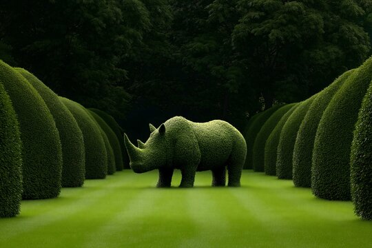 Formal garden landscape with rhinoceros shaped topiary sculpture stoutly standing on lush green boxwood