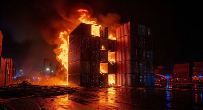 A huge fire blazes through stacked shipping containers.
An intense and dramatic fire rages through a large stack of shipping containers at night
