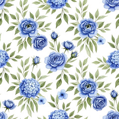 Watercolor Blue Rose & Hydrangea Pattern - Seamless Floral Print
