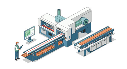Modern sawmill machinery in action with worker monitoring operations