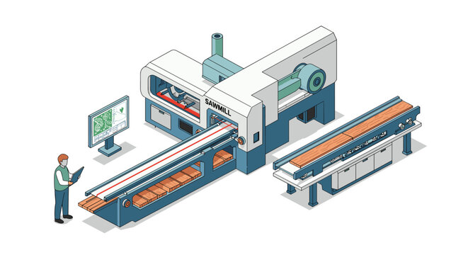 Modern sawmill machinery in action with worker monitoring operations