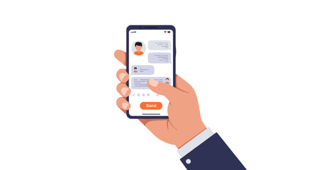 Hand holding smartphone with chat app interface in minimalist style