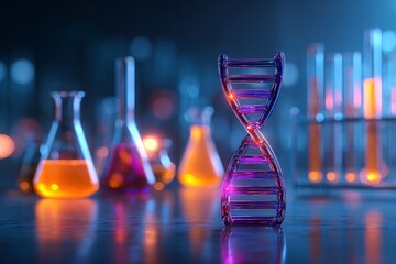 Glowing DNA Helix and Beakers A Vibrant Exploration of Modern Scientific Research