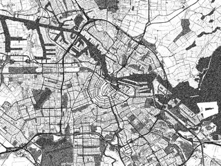 Naklejka premium Illustrated map of Amsterdam, Netherlands, in black and white hand-drawn digital style.