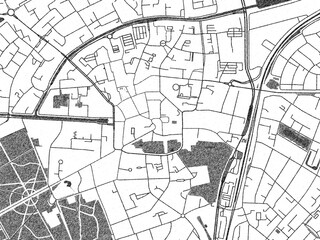 Naklejka premium Black and white illustrated map of Assen Centrum, Netherlands, with streets, rivers, and neighborhoods.