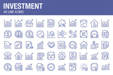 A comprehensive collection of flat line vector icons for web and mobile design, illustrating business, communication, and social media symbols