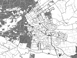 Minimalist monochrome city map of Bergen, Netherlands, illustrated with urban detail.