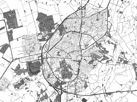 Poster-ready black and white illustration map of Assen, Netherlands, detailed and artistic.