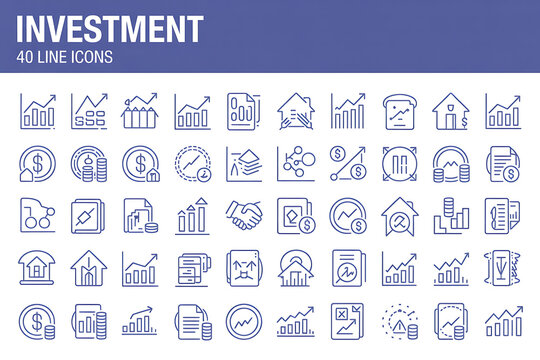 A comprehensive collection of flat line vector icons for web and mobile design, illustrating business, communication, and social media symbols
