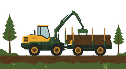 Fototapeta premium Forestry truck hauling logs in flat style forest scene with evergreen trees