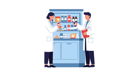 Pharmacists organizing medications in a modern pharmacy setting