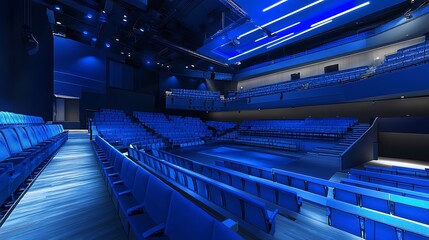 Fototapeta premium Theatre auditorium seating blue lighting stage performance venue concert hall event space interior design
