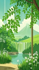 Lush green landscape with waterfall and mountain