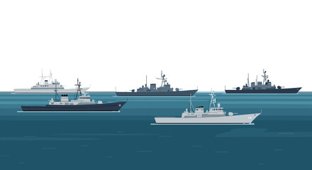 Obraz premium Flat design naval fleet on ocean horizon with warships and destroyers