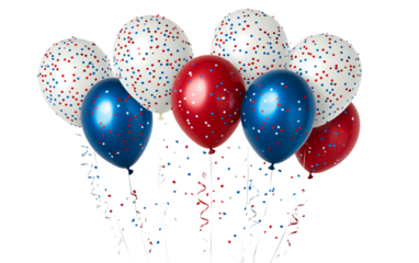 Fourth of July banner in realistic style showcasing red white and blue elements with fireworks and patriotic celebration theme isolated on transparent background PNG