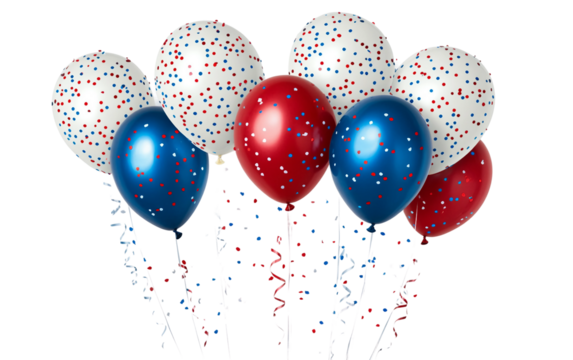 Fourth of July banner in realistic style showcasing red white and blue elements with fireworks and patriotic celebration theme isolated on transparent background PNG