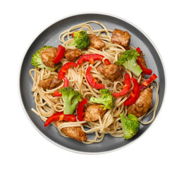 Delicious noodles with meat and vegetables isolated on white, top view