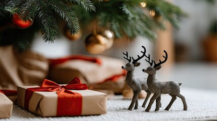 Festive decorations with toy reindeer and wrapped gifts under a Christmas tree in a cozy holiday setting