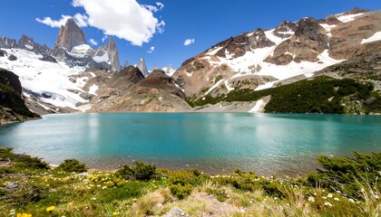 Mountain lake under a bright sky