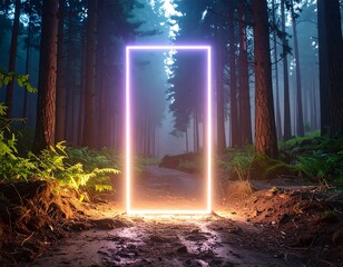 Neon rectangle frame in a mystical forest