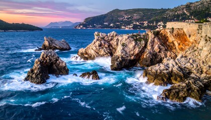 Dramatic coastal scene at sunset, featuring crashing waves against rocky formations and a backdrop of mountains, with vibrant colors and a serene mood.