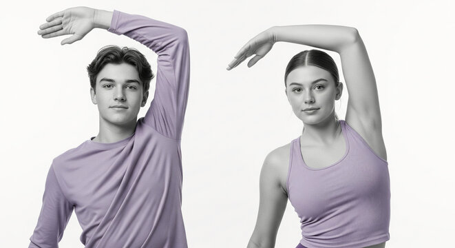 Young athletic couple in matching activewear performing a synchronized side bend stretch for flexibility and wellness in a studio