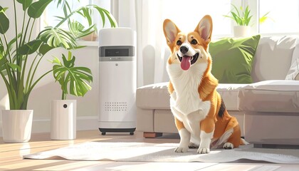 Fototapeta na wymiar Adorable Corgi in a Cozy Modern Home with Air Purifier