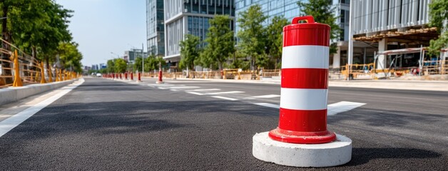 Construction site shows freshly paved road with caution barriers in an urban area during daylight hours