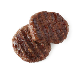 Delicious grilled beef patties isolated on white, top view