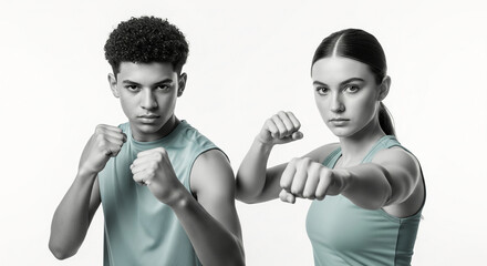 Empowered and diverse young athletic couple in a combat stance, ready for a boxing workout or self-defense training in a studio setting with selective color