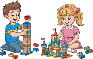 Happy children playing with colorful building blocks, constructing tower and castle, creative kids activity, fun learning, teamwork, imagination, childhood development