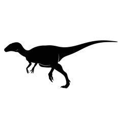 Silhouette of a bipedal dinosaur, a prehistoric reptile, running across a white background.