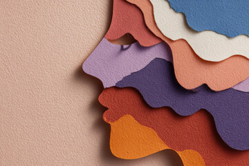 Layered abstract human face profile colorful textured paper cutout creative minimal art side view modern design emotional expression pastel background artistic concept