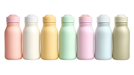 Colorful glass bottles arrayed in a row, vibrant spectrum of hues and textures