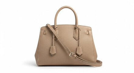 Naklejka premium A stylish, neutral-toned handbag with top handles and a shoulder strap, isolated on white.