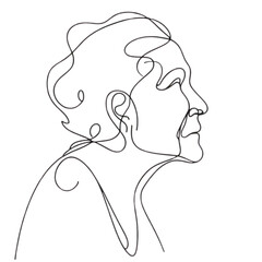 Elderly woman silhouette in profile, serene mood, continuous line drawing on white background, copy space
