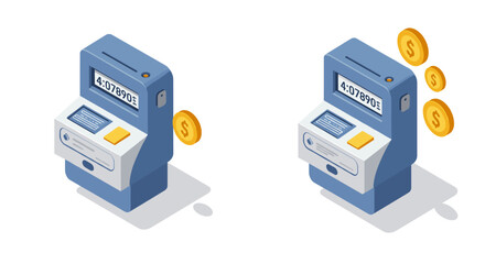 Isometric atm kiosk with floating currency icons on white background