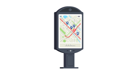 Digital kiosk with city map display and location pins