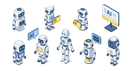 Fototapeta premium Cute cartoon robots collection with ai technology and speech bubbles