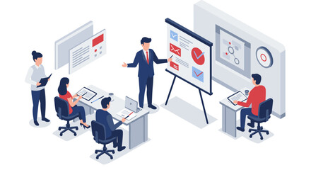 Team meeting with presenter and data graphics in modern office setting