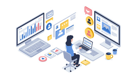 Isometric office desktop with woman working on computers and communication apps