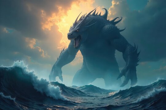 A colossal, shadowy leviathan breaches the waves, its tentacles reaching for a stormy sky Ancient, terrifying, and utterly immense, it dominates the ocean's fury , colossal, creature, nightmare