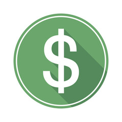 Gleaming white dollar sign on a vibrant emerald coin its long shadow stretching across a stark white canvas a symbol of