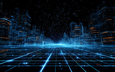 Futuristic digital cityscape with glowing grid and modern buildings