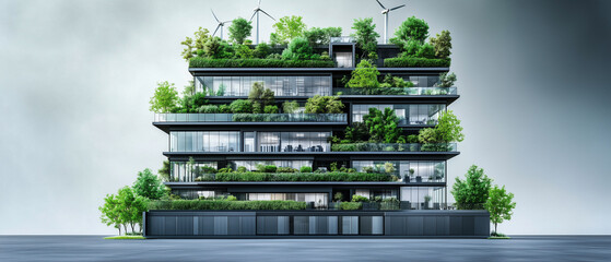 A full-view architectural rendering of a modern US federal building in muted gray and black tones, with each higher floor evolving toward eco-friendly design